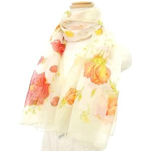 HERMES 美品 大判 ストール シルク  LA ROSEE Anne Gavarni 薔薇の雫 バラ 花 シアー ベージュ U180