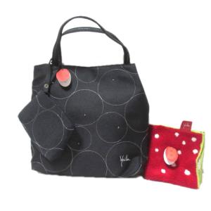 タグ付き トートバッグ タオルハンカチ セット ポーチ付き ドット 水玉 ビーズ ロゴ 黒 ブラック 布製 赤 レッド X