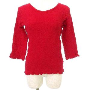 カリフラワー カットソー 七分袖 トップス 無地 ワッシャー加工 シワ加工 F 赤 レッド IBO40