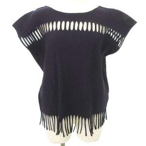 美品 プリーツ カットソー フリンジ ノースリーブ パンチング トップス F 紫 パープル IBO40