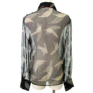 VALENTINO ROMA 美品 シルク シアー シャツ 長袖 リーフ柄 シースルー トップス L 黒 ブラック U90