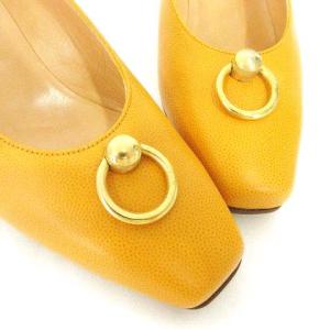 CELINE レザー パンプス リング装飾 スクエアトゥ ローヒール イタリア製 36.5 約23.5cm 黄 イエロー U180