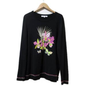 長袖 ニット 薄手 花柄 蝶々 ラインストーン 刺繍 黒 ブラック 42 LL 大きいサイズ GY09 X