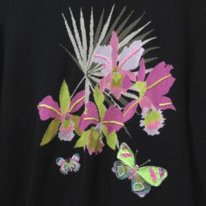 LEONARD SPORT 長袖 ニット 薄手 花柄 蝶々 ラインストーン 刺繍 黒 ブラック 42 LL 大きいサイズ GY09 X