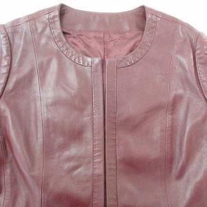 Leilian ノーカラー ジャケット ライダース ボタンレス 13+ 2Lサイズ相当 ラムレザー ボルドー 赤 レッド系 IBO24