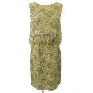 刺繍  レース ドレス 2WAY ノースリーブ ワンピース ひざ丈 フェザー スパンコール 38 カーキ GY09