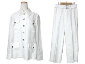 セットアップ パンツ リネン ジャケット ベルト付き ヘリンボーン 9S 白 GY19 X