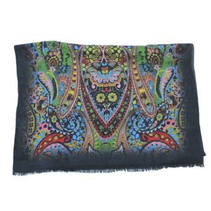 ETRO ストール ペイズリー×アニマル フリンジ 黒 マルチカラー GY19 X