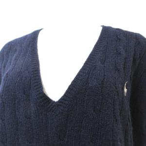POLO RALPH LAUREN 長袖 ニット セーター カシミヤ混 ウール ケーブル Vネック ワンポイント刺繍 LG 紺 ネイビー X