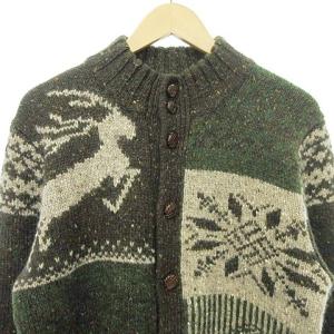 Paul Stuart ニット カーディガン ノルディック スノー柄 モヘヤ混 厚手 レザーボタン L 茶 ブラウン OKZ A0809