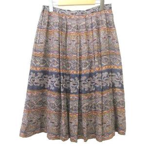 Leilian 総柄 スカート ひざ丈 フレア プリーツ 13 Lサイズ グレー ネイビー系 OKZ