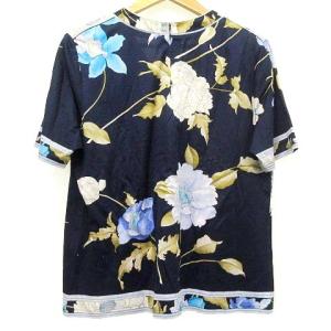 LEONARD 花柄 Vネック カットソー 半袖 フラワープリント 肩タック L 紺 ネイビー U180