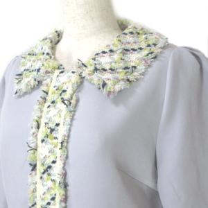 Chesty タグ付 ワンピース ツイード コンビ ロング 五分袖 半袖 2WAY パフスリーブ 0 S相当 サックスブルー GY09 X