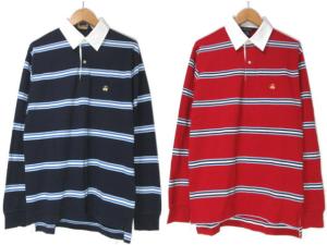2枚 ラガー ポロシャツ 長袖 ボーダー ゴールデンフリース ワンポイント刺繍 エルボーパッチ S 紺 赤 U90 X