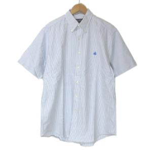 ボタンダウン シャツ 半袖 ストライプ ゴールデンフリース ワンポイント刺繍 M 青 白 U90 X