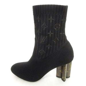 LOUIS VUITTON シルエットライン アンクル モノグラム刺繍 ソックスブーツ フラワーヒール 36.5 23.5cm