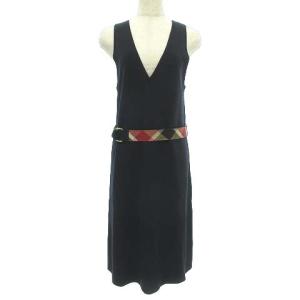 美品 ベルト ワンピース ひざ丈 ミラノリブ ノースリーブ 36 紺 ネイビー GY09