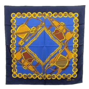 美品 大判 スカーフ ハーネス ベルト柄 シルク イタリア製 紺 ネイビー U90