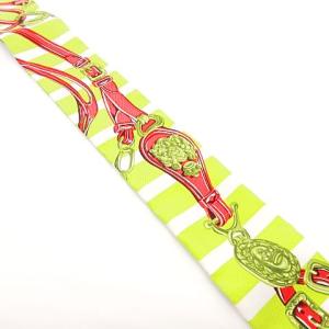 HERMES 美品 ツイリー BRIDES de GALA リボン スカーフ シルク ベルト柄 ボーダー ライムグリーン 箱付き