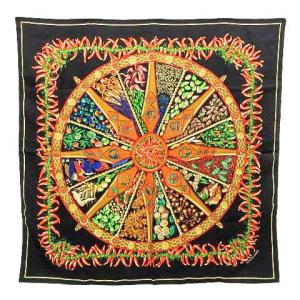 カレ90 スカーフ AUX PAY DES EPICE 大判 シルク 総柄 ブラック