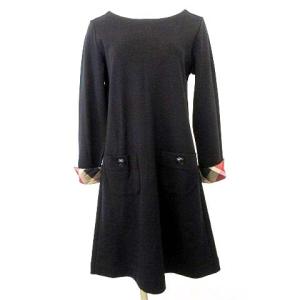 タグ付き ワンピース ひざ丈 前ポケット チェックリボン Aライン 長袖 38 黒 ブラック U90