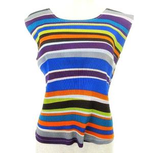 イッセイミヤケ 美品 マルチボーダー ノースリーブ カットソー トップス 薄手 3 寒色系 GY09