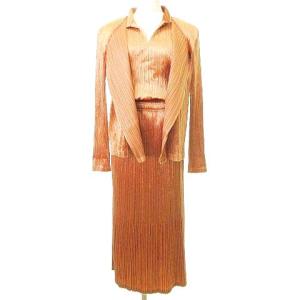 3ピース セットアップ ベロアプリーツ 光沢 ジャケット カットソー スカート 3 ブラウン