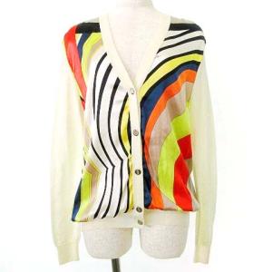 シルク 切替 ニット カーディガン 長袖 薄手 ウール Vネック S アイボリー系 U90