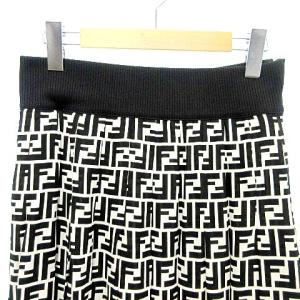 FENDI 国内正規 シルク ズッカ柄 スカート ロング フレア 総柄 42 M?L相当 黒 ブラック 白 ホワイト U90 A1227