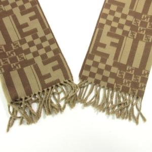FENDI 美品 マフラー スッカ柄 フリンジ ロゴ カジュアル ウール 薄手 茶 ブラウン IBO49