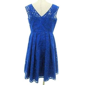 Grace Class 刺繍レース ワンピース ひざ丈 切替 タック フレア ノースリーブ ドレス 38 青 ブルー IBO49