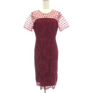 美品 近年 ワンピース 総レース 花柄 半袖 ひざ丈 スリム カジュアル 約XSサイズ ピンク IBO49