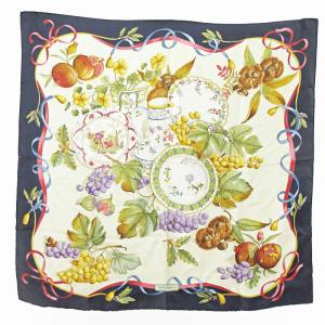 大判 シルク スカーフ テーブルウエア柄 オータム柄 フルーツ ネイビー 白 0423 GY14