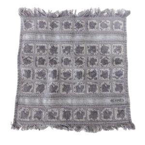  美品 パイル地 ハンカチ タオル生地 総柄 フリンジ 黒 ブラック