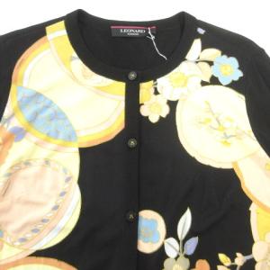 LEONARD 美品 カーディガン ニット クルーネック フラワー 花柄 ロゴ ストレッチ 薄手 42 約Lサイズ 黒 ブラック GY24