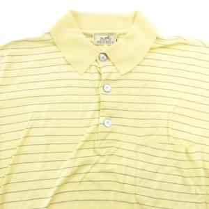 HERMES 美品 ポロシャツ 半袖 ボーダー柄 サイドスリット ストレッチ ロゴ イタリア製 薄手 Sサイズ 黄色 イエロー GY09