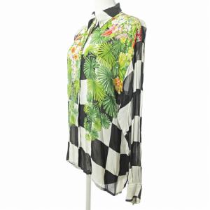 VERSACE ヴィンテージ ボタンダウン BD シャツ 長袖 リゾート柄 市松模様 花柄 シアー シフォン 白 黒 M 0715 GY09