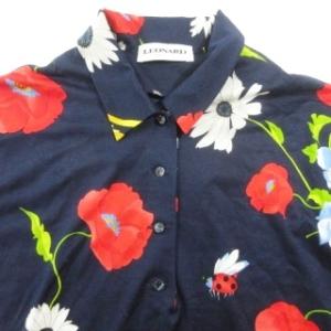 LEONARD 美品 ファーストライン ワンピース ロング フラワー 総柄 半袖 ハーフボタン 薄手 38 約Mサイズ 紺 ネイビー GY09