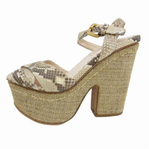 PRADA サンダル パンプス 蛇柄 チャンキーヒール アンクルストラップ ゴールド金具 36.5 23.5 茶 ブラウン