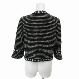 Harrods ツイードジャケット ノーカラー レース切替 総柄 長袖 2 M 黒 ブラック 白 ホワイト GY31