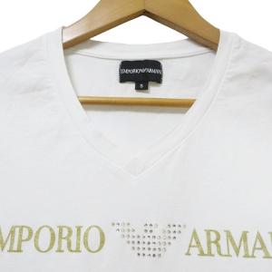 EMPORIO ARMANI 近年 Tシャツ 半袖 カットソー プリント ラインストーン ワッペン Vネック ストレッチ M 白 ホワイト X