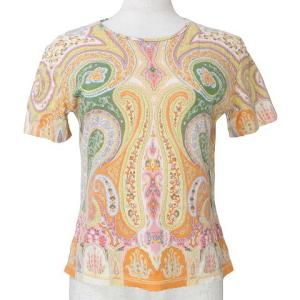 美品 半袖 Ｔシャツ カットソー 総柄 スカラップ 42 L相当 オレンジ系 IBO58 X