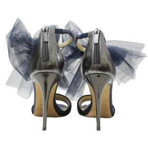 JIMMY CHOO 15AW パンプス チュールリボン ベロア ハイヒール 靴 37 約24cm ネイビー メタルグレー IBO58 X