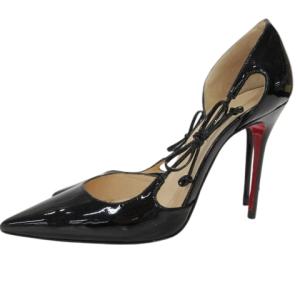 Christian Louboutin パンプス パテント サイドリボン ピンヒール エナメルレザー ポインテッドトゥ 約23.5cm 黒 IBO58
