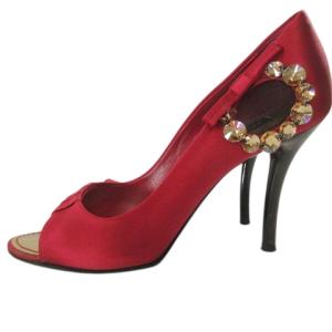 LOUIS VUITTON パンプス サテン オープントゥパンプス ビジュー ピンヒール 38 赤系 IBO58