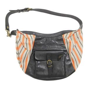 美品 ショルダーバッグ キャンバス×レザー ストライプ 前ポケット替えスナップ付き オレンジ ベージュ 黒 IBO58