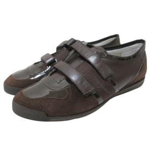 ベルクロ レザー シューズ スニーカー 靴 ローカット ロゴ 37 約23.5cm 茶 ブラウン IBO58 X