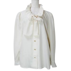 美品 長袖 シャツ ブラウス 金ボタン リボンタイ パフスリーブ 9号 M相当 アイボリー IBO60 X