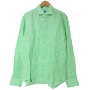 リネン100% シャツ 長袖 大きいサイズ ホリゾンタルカラー 無地 緑 グリーン 43