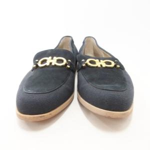Salvatore Ferragamo パンプス ヌバック×キャンバス ガンチーニ ローファー 8 25.5?p 濃紺 ダークネイビー IBO60